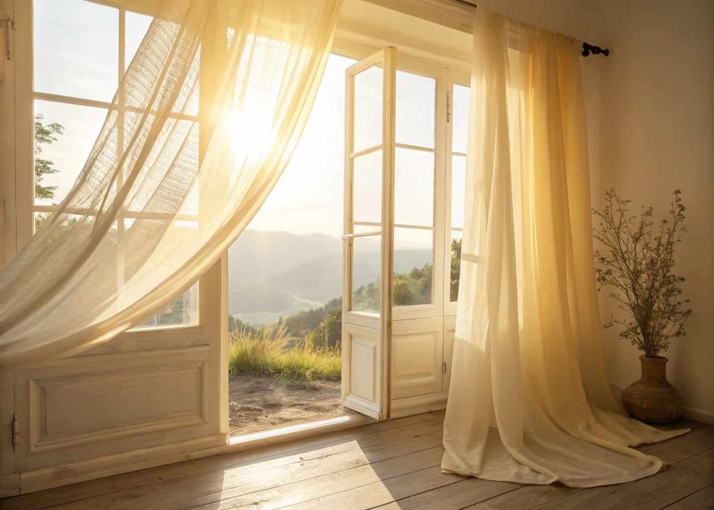 A bright room with light curtains and sunlight coming through the window