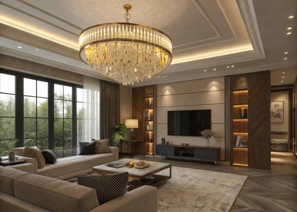 Modern luxury living room with chandelier lighting, ambient lamps, LED accent lighting, warm elegant atmosphere.