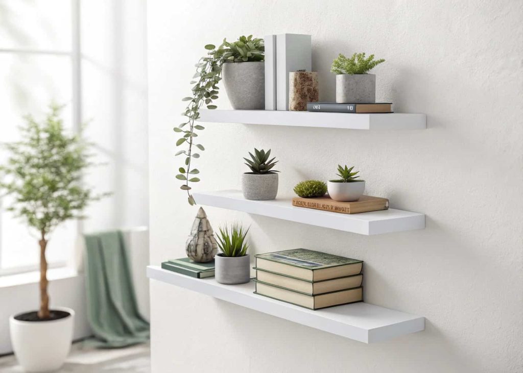 Minimalist floating shelves with books and small plants