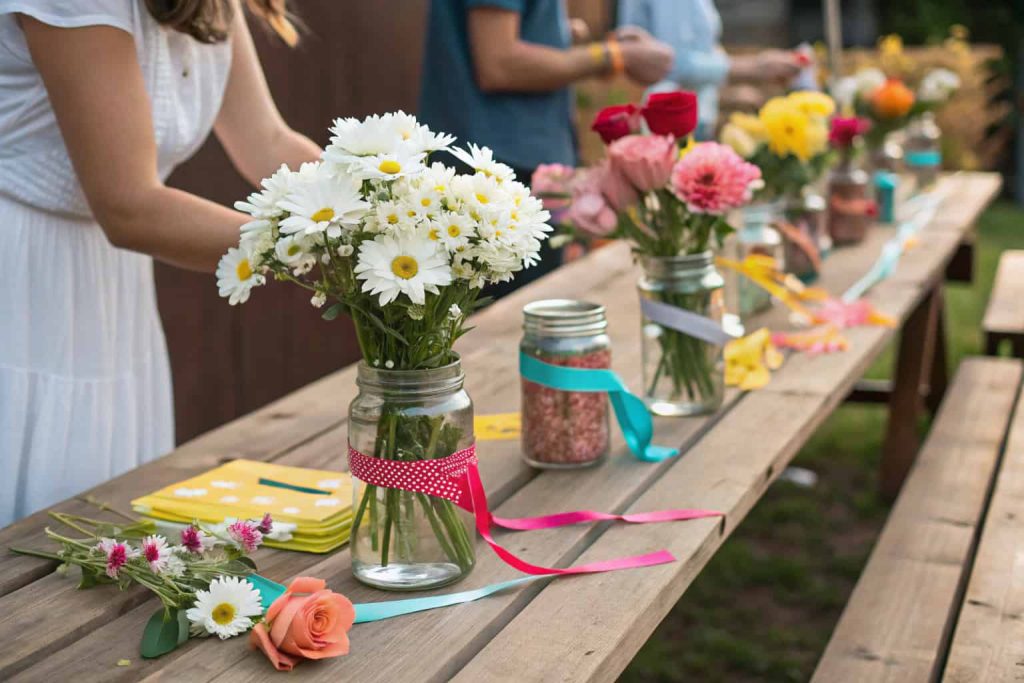 "DIY flower bouquet station with mason jars, daisies, roses, ribbons, rustic wooden table, interactive casual event"
