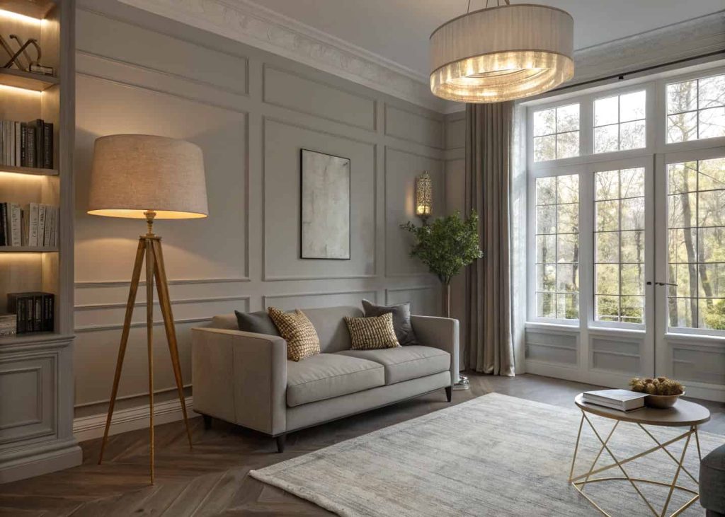 Modern grey living room with layered lighting, floor lamp, natural sunlight, elegant and cozy ambiance, warm atmosphere.