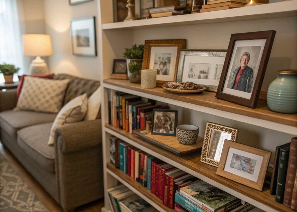 A shelf with personal photos, books, and small decorative items