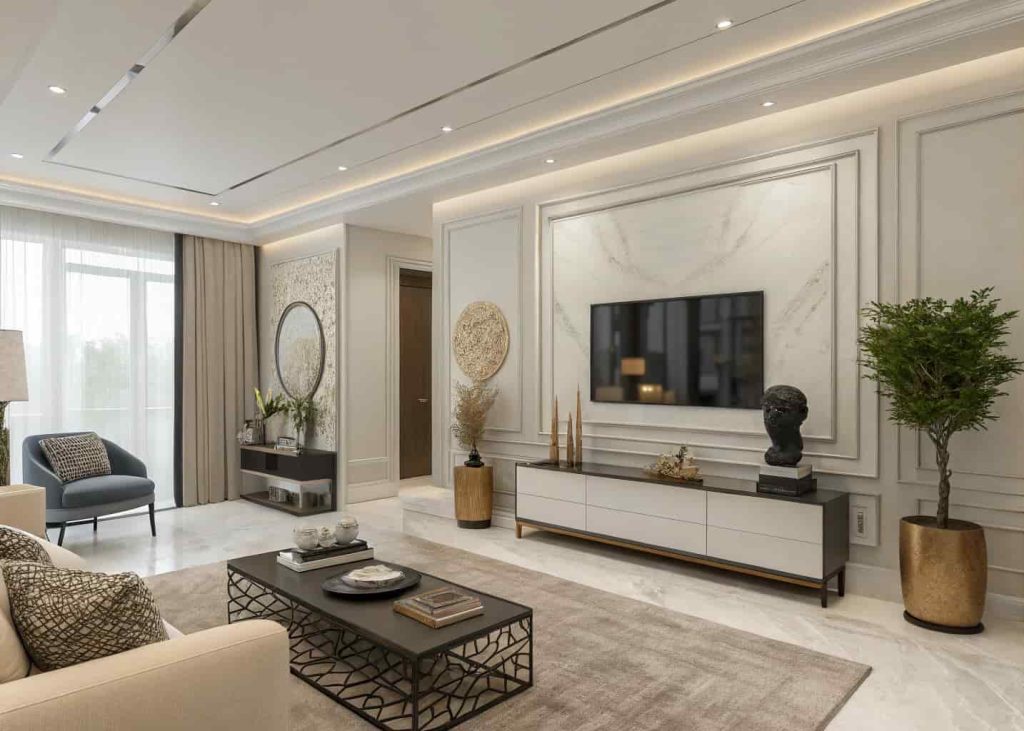 Minimal luxury living room decor with abstract art, modern sculptures, large mirror, clean and elegant styling.