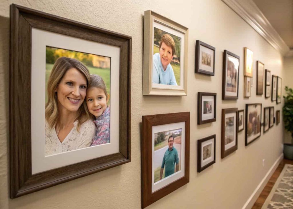 A wall decorated with family photo frames in a neat layout