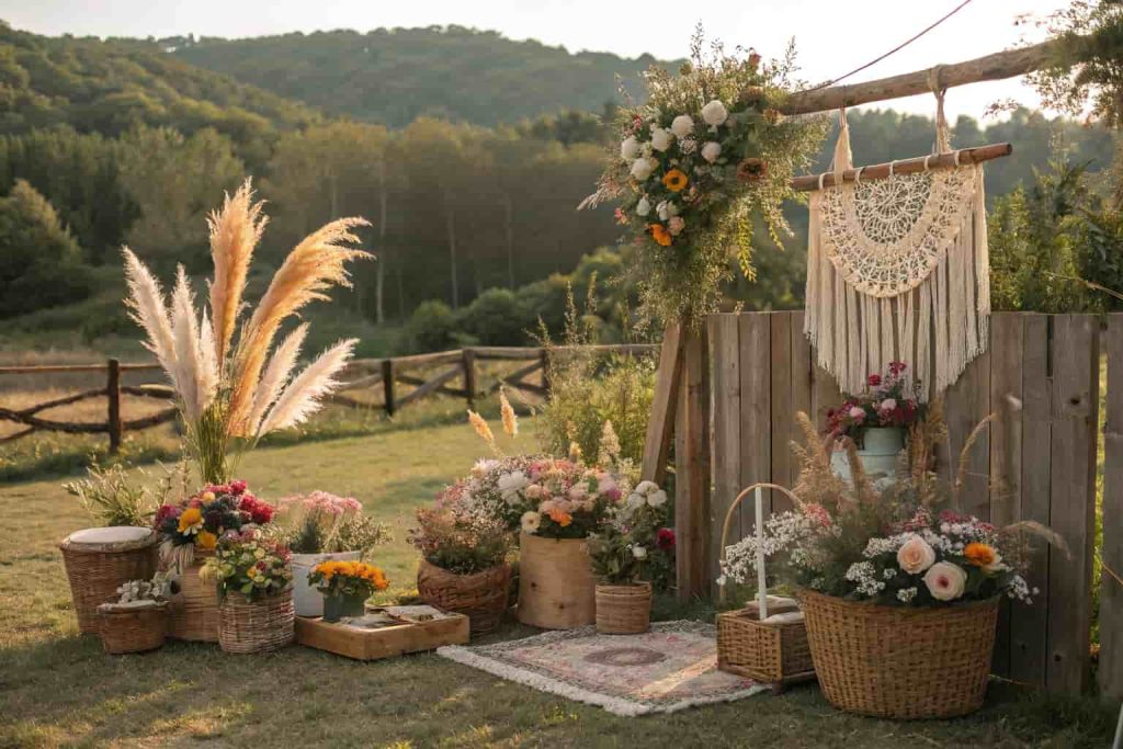 Boho chic flower bouquet station with wildflowers, pampas grass, dried flowers, woven baskets, macramé decor, outdoor bohemian setting"