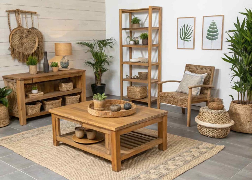 A room with wooden furniture and natural decor elements