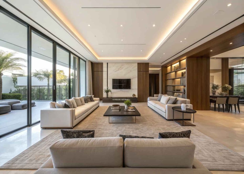Open-concept modern luxury living room with spacious layout, organized seating area, contemporary design flow.
