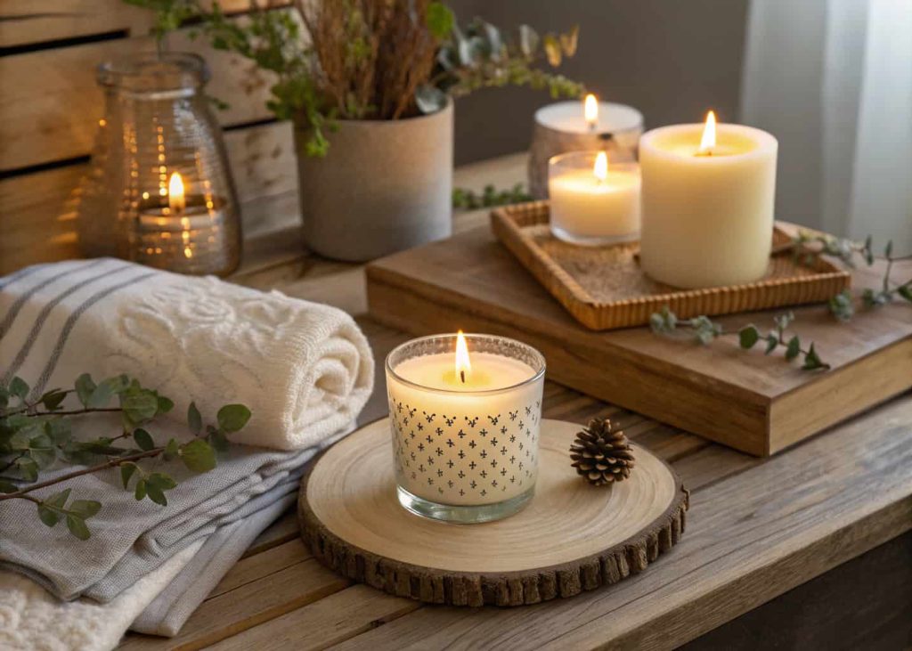 A cozy setup with scented candles glowing on a table