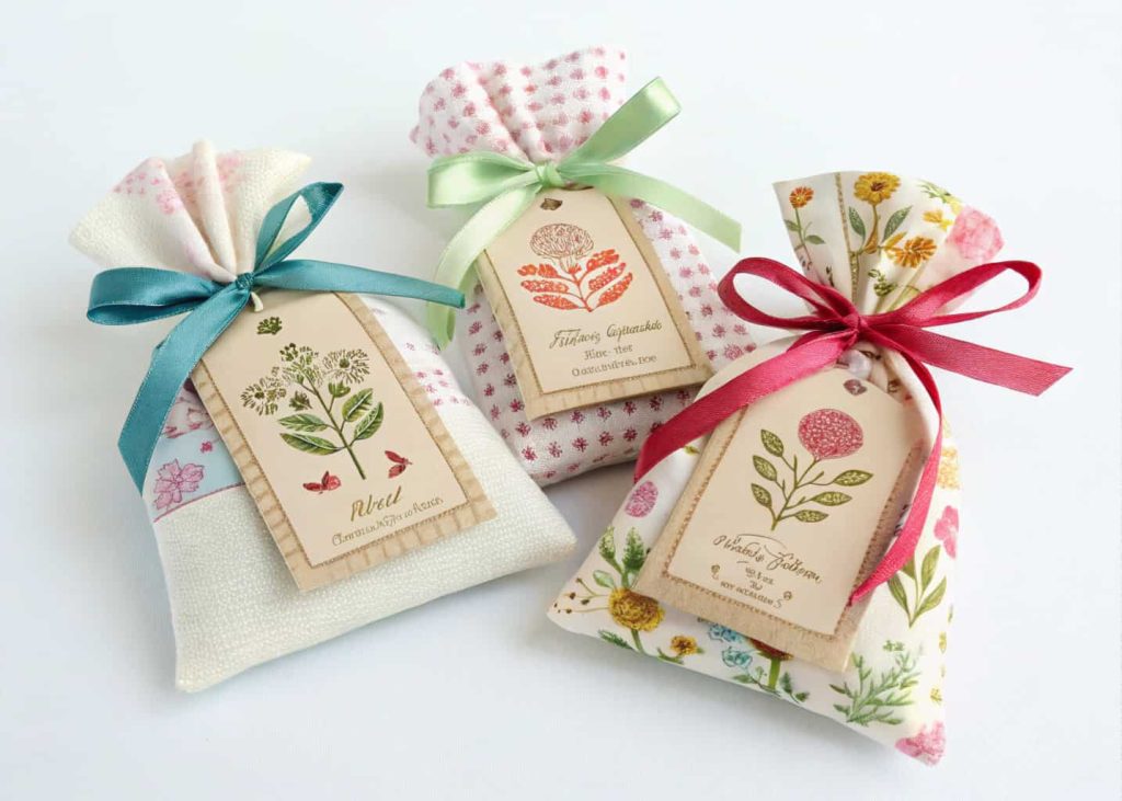“Small scented sachets tied with ribbons and tags for party favors.”