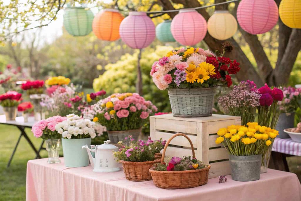 "Garden party flower bouquet station with colorful seasonal flowers in baskets and pitchers, pastel tablecloth, small lanterns, outdoor spring event"