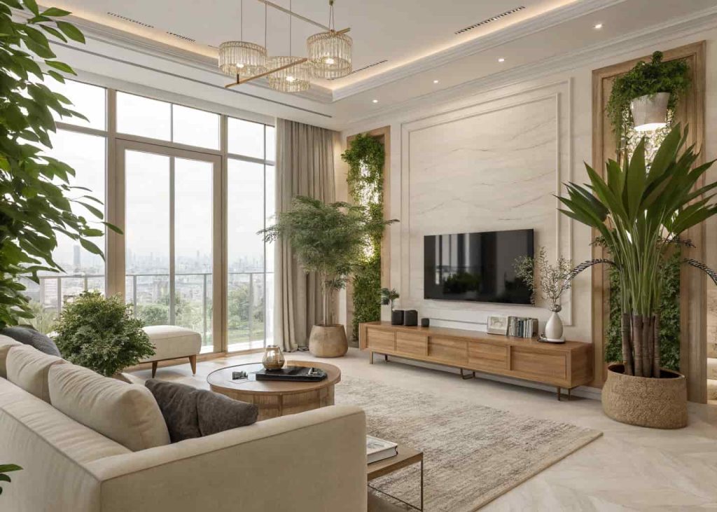 Modern luxury living room with indoor plants, wooden accents, natural textures, bright and sophisticated interior.