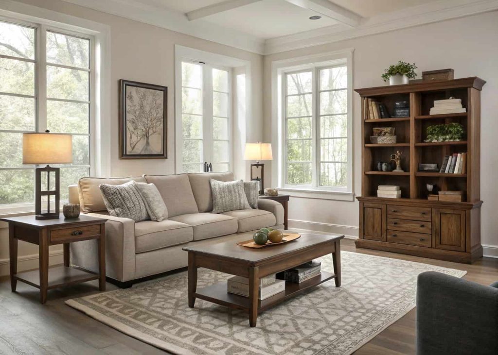A well-arranged living room with balanced furniture layout
