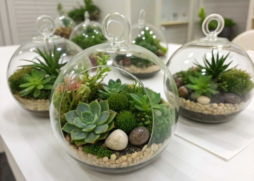 Small glass terrariums with plants and decorative elements as party favors.”