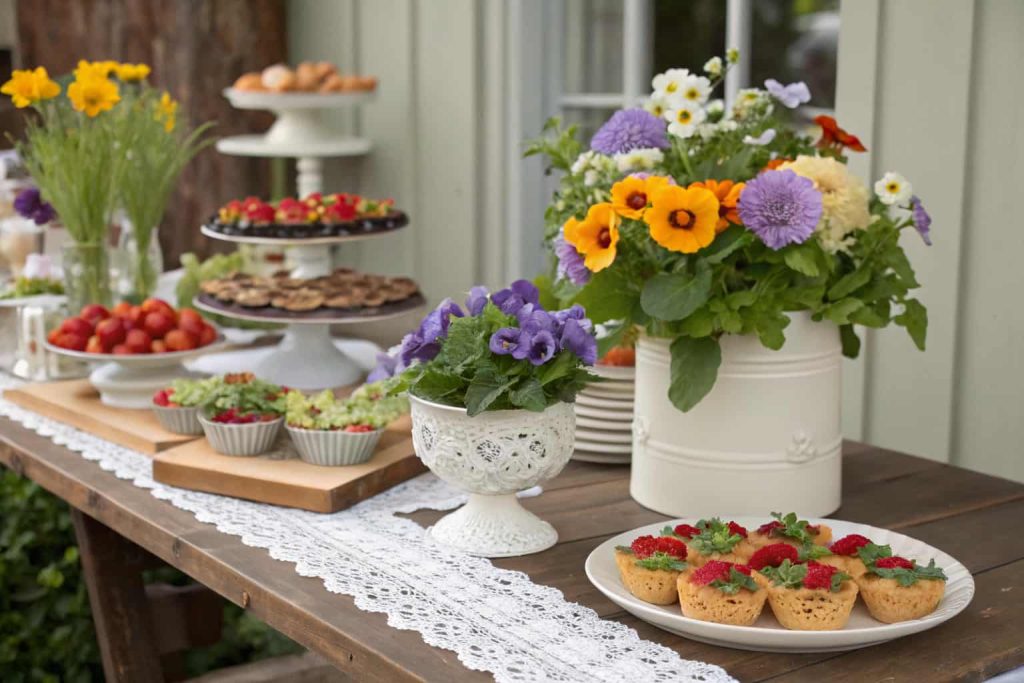 Edible flower bouquet station with nasturtiums, pansies, violets, mint, decorative containers, brunch event setting"