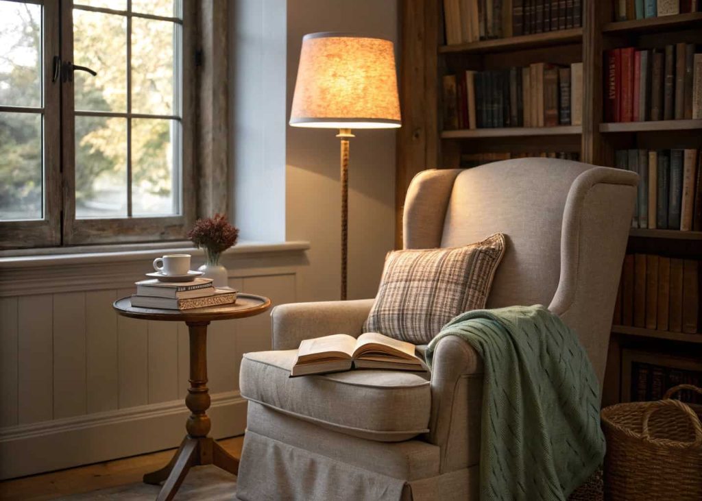 A cozy reading corner with a chair, lamp, and small table