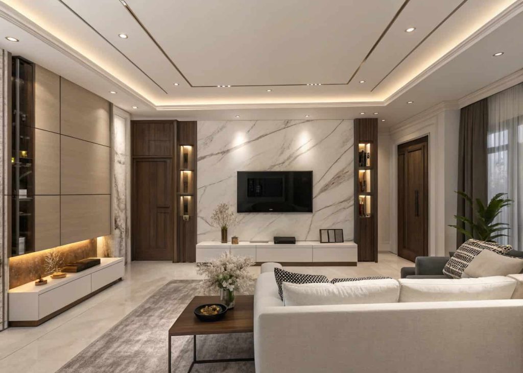 Modern luxury living room with hidden TV, smart lighting, built-in speakers, sleek contemporary interior, minimalist setup.