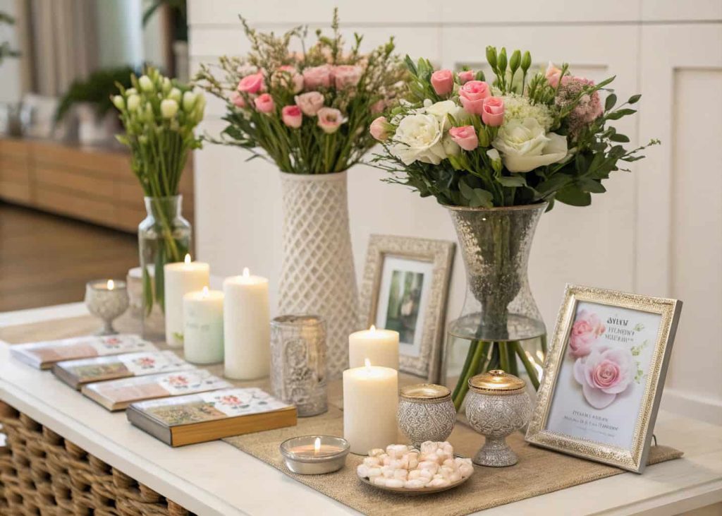 A table decorated with vases and small stylish accessories