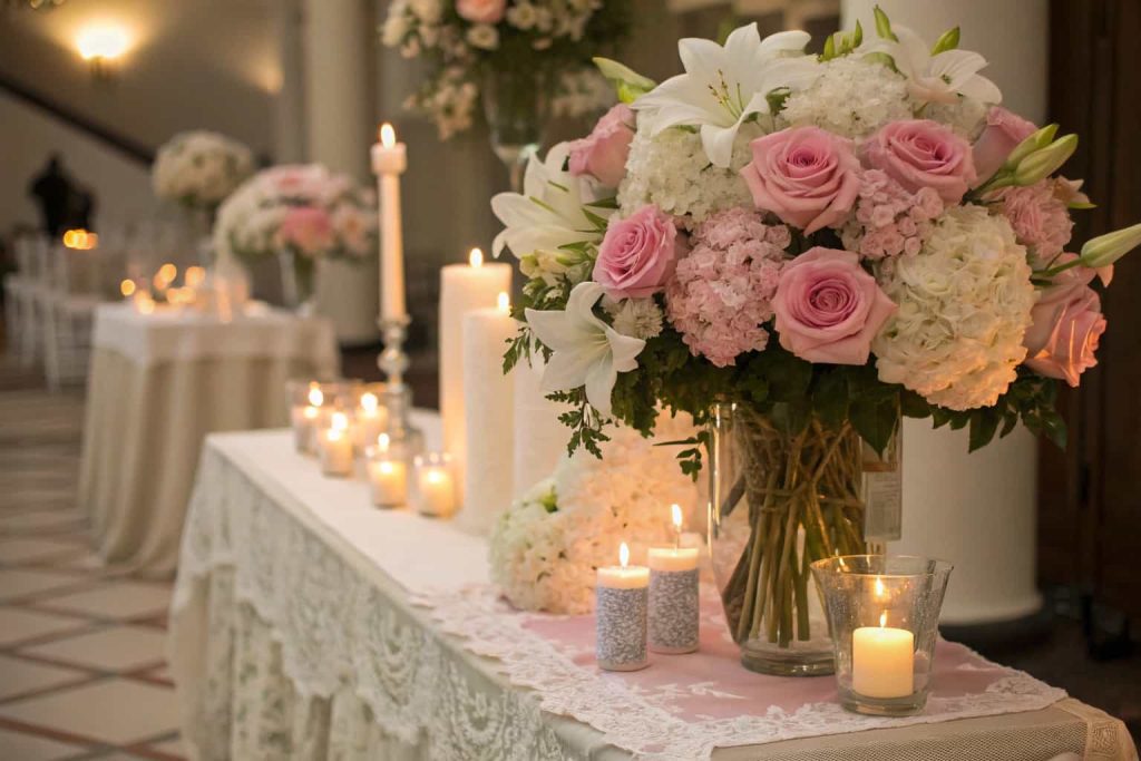 Romantic candlelit flower bouquet station with pink roses, white lilies, hydrangeas, candles, lace table runners, evening indoor wedding"