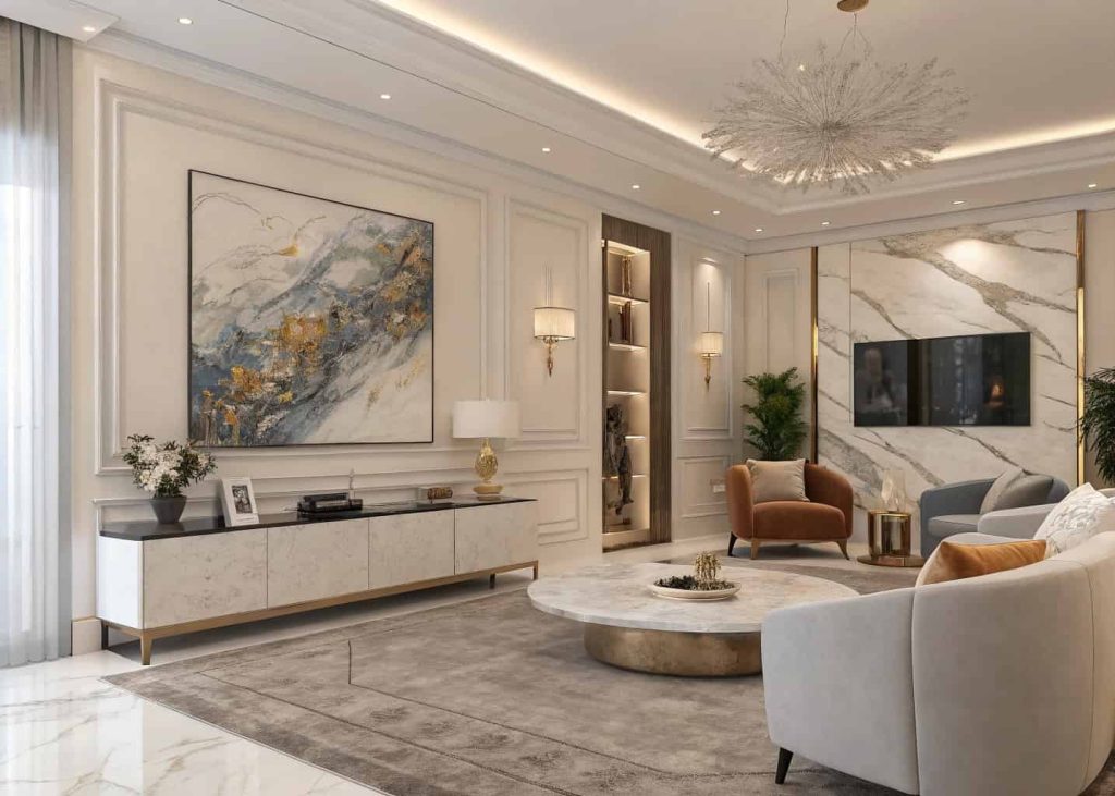 Modern luxury living room with large abstract painting, sculptural decor, elegant furniture, minimalist yet luxurious style.