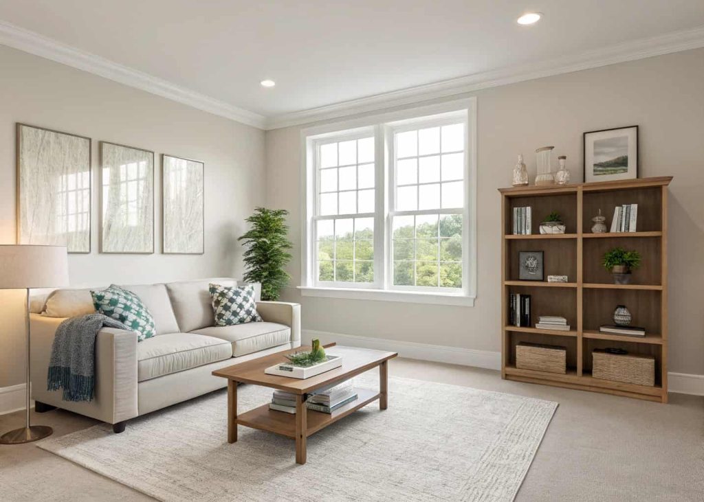 A clean and minimal living room with simple furniture and no clutter