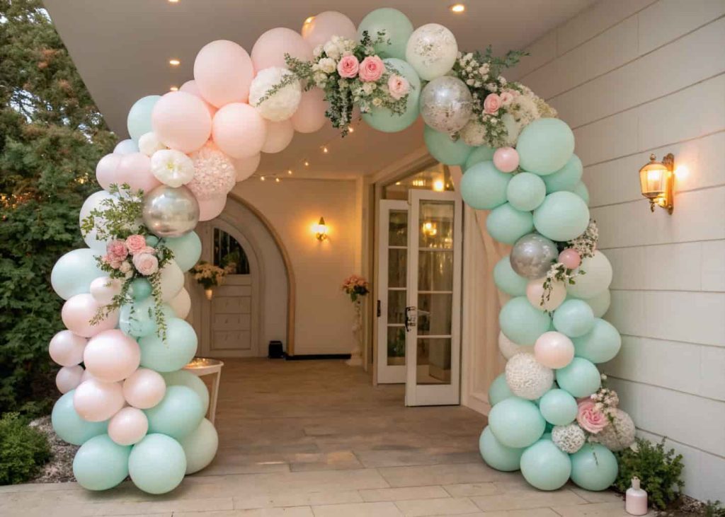 elegant pastel balloon arch at baby shower entrance with soft lighting and floral touches