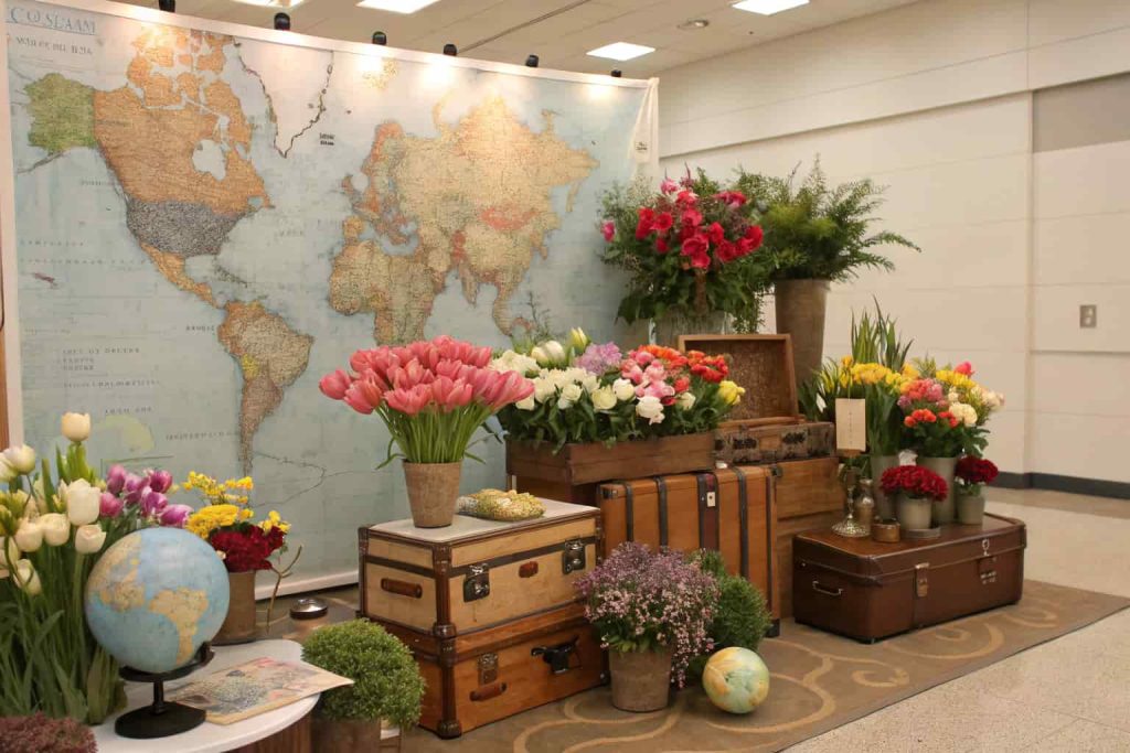 Travel-themed flower bouquet station with roses, tulips, orchids, maps, suitcases, globes, creative indoor event setup"