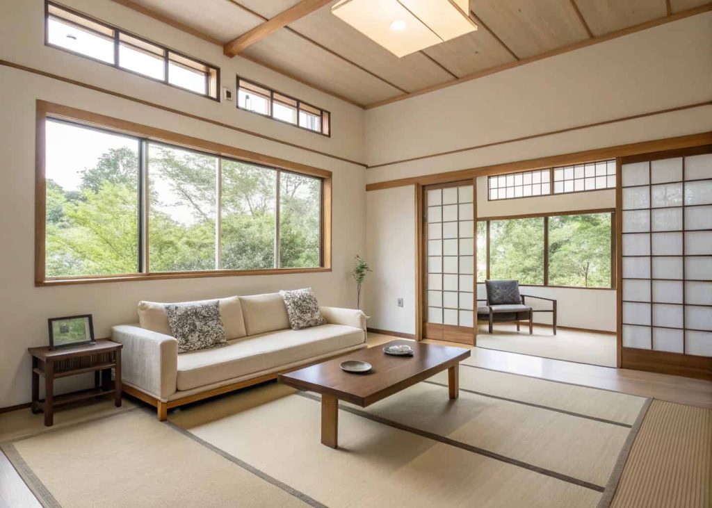 A simple living room with minimal furniture and clean layout.