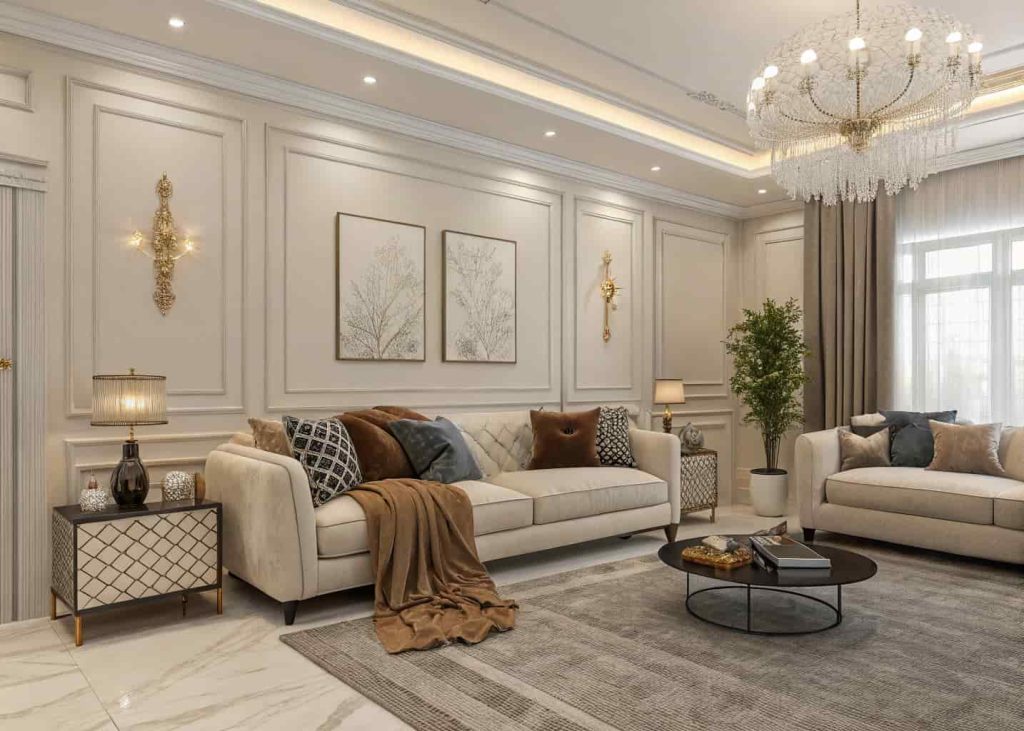 Modern luxury living room with personalized decor, silk cushions, cozy throw blankets, elegant neutral color scheme, inviting atmosphere.