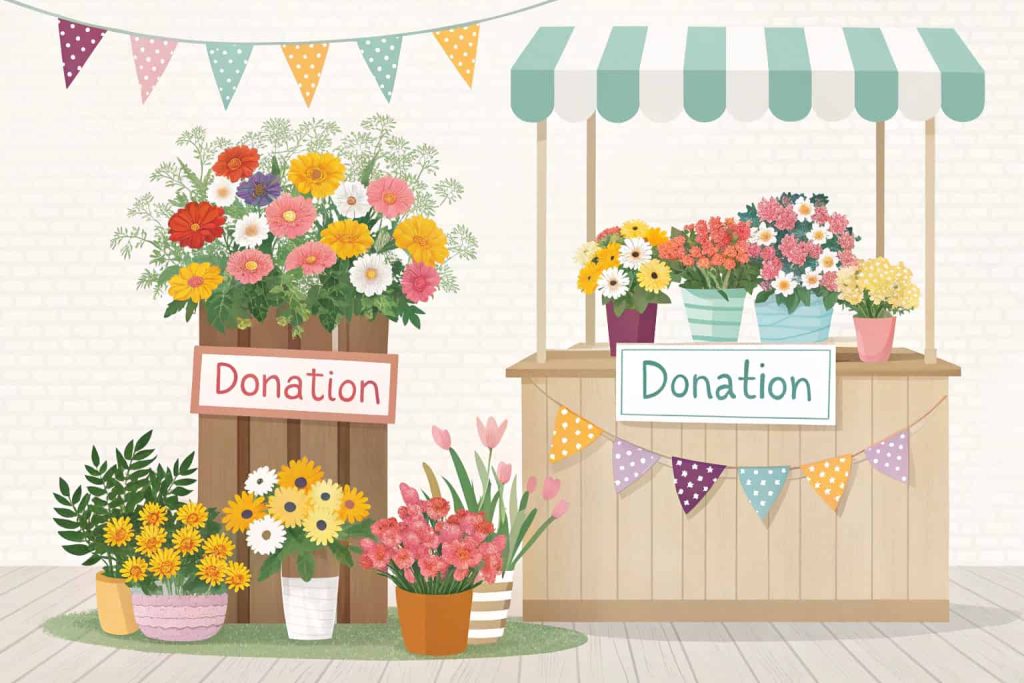 Charity flower bouquet station with colorful flowers, tags for messages, donation-focused event, cheerful indoor setup"