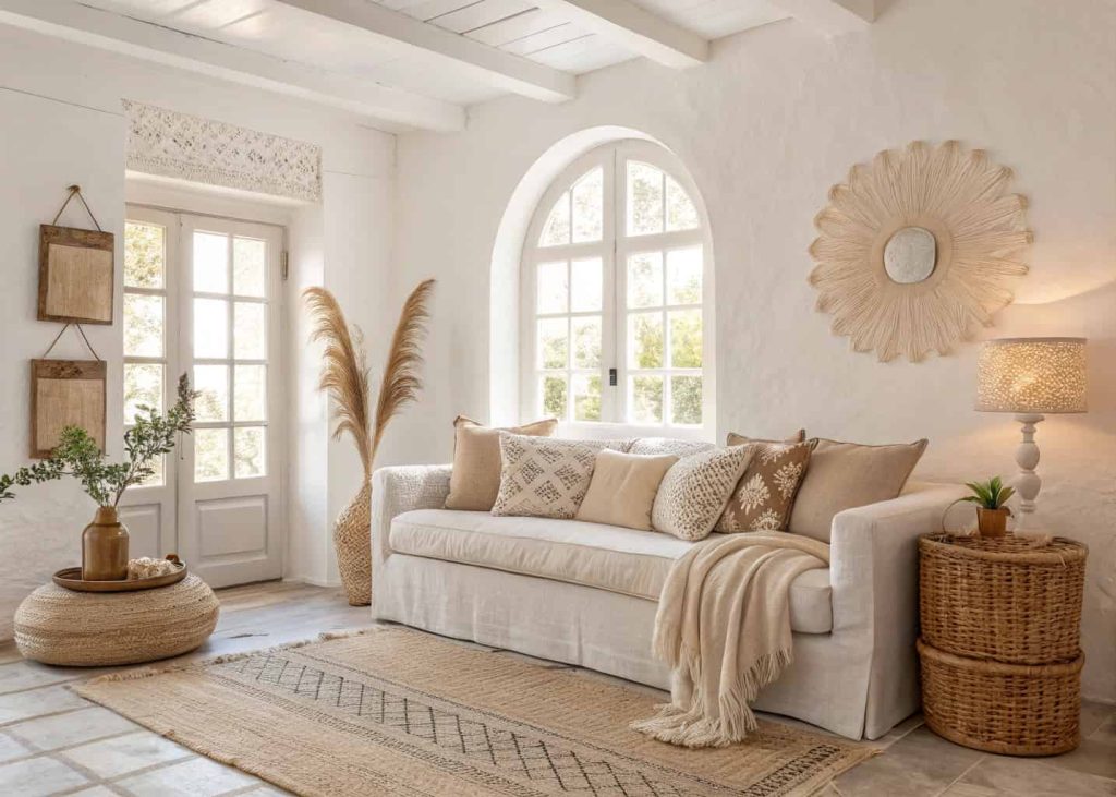 A bright room with white walls and soft neutral decor.