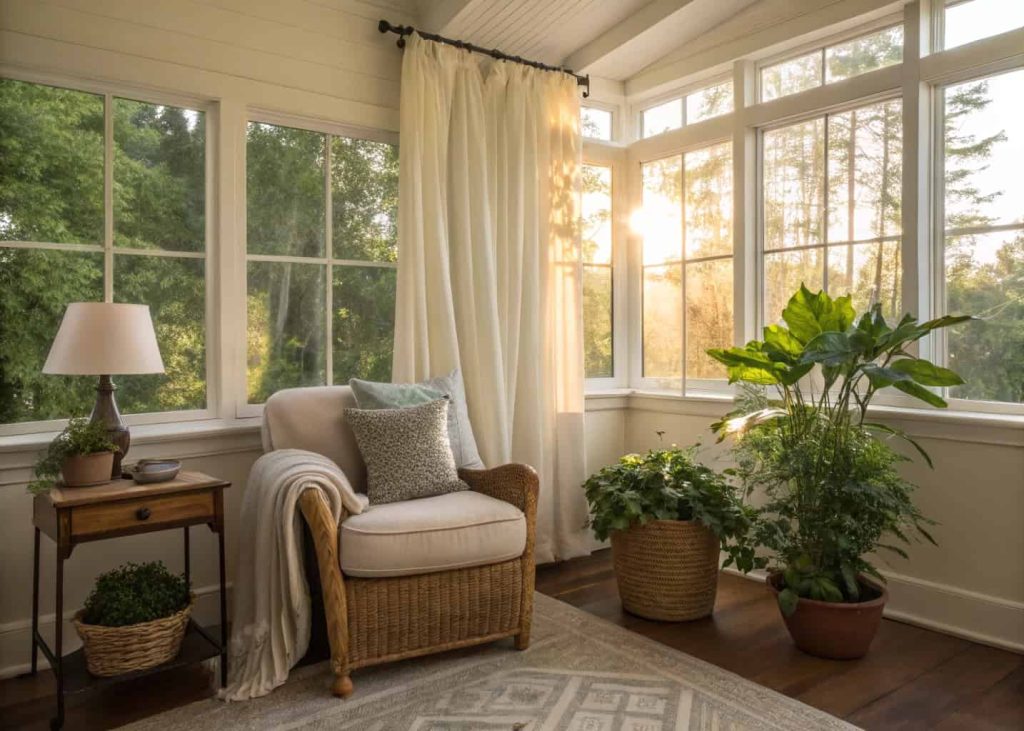 A small sunroom corner with a comfy armchair, side table, soft cushions, light curtains, and indoor plants with sunlight streaming through.