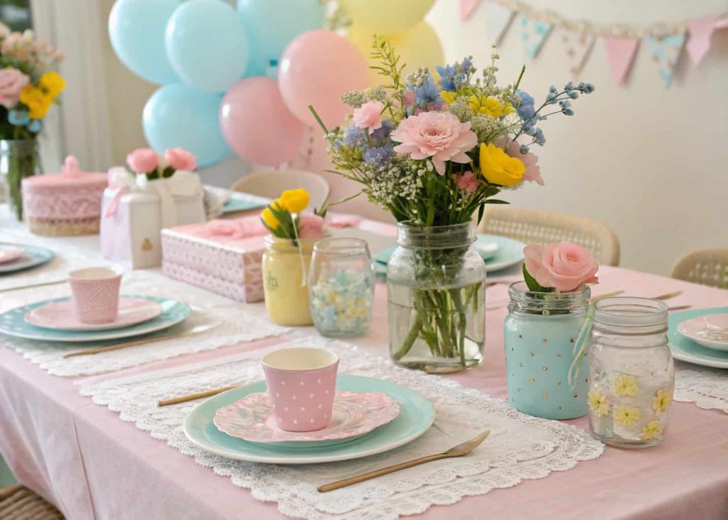 baby shower table with DIY floral centerpieces in mason jars and soft pastel decor