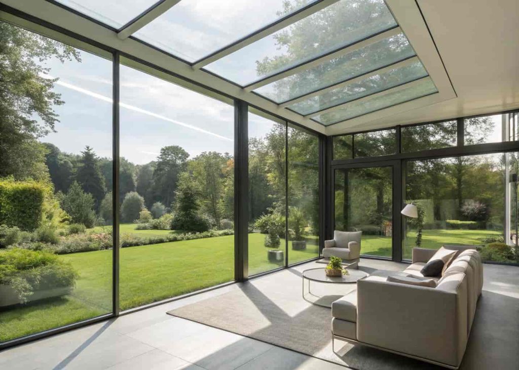 Modern sunroom with floor-to-ceiling glass walls, sleek neutral furniture, minimal decor, and a view of a green garden outside.