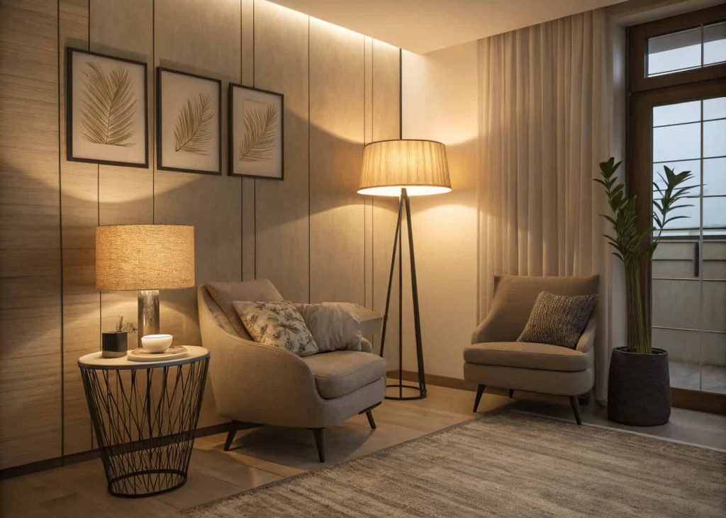 A cozy room with warm lighting and modern lamps.