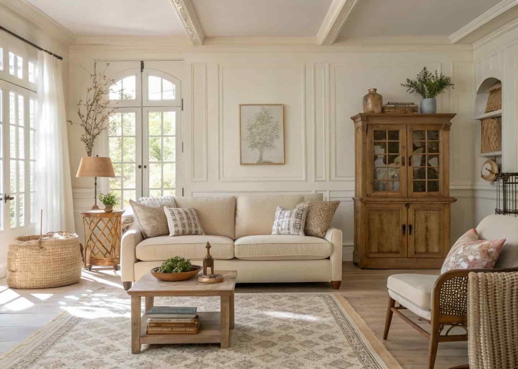 Neutral-toned French country living room with cream walls, beige sofa, soft pastel accents, natural sunlight, elegant rustic styling.