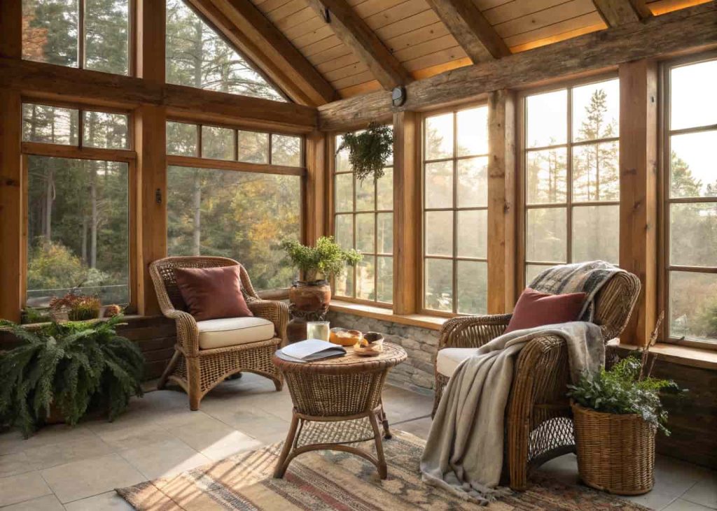 Rustic sunroom with wooden beams, wicker furniture, earthy tones, indoor plants, and cozy blankets with sunlight streaming in.