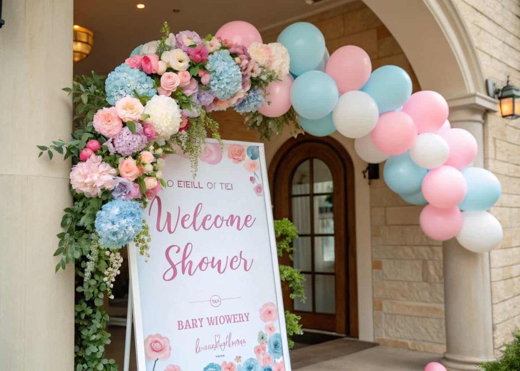 personalized baby shower welcome sign with flowers and balloons at entrance