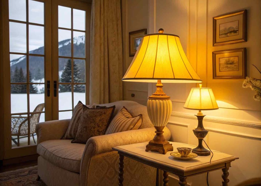 A cozy room with warm yellow lighting, table lamps, and soft glow