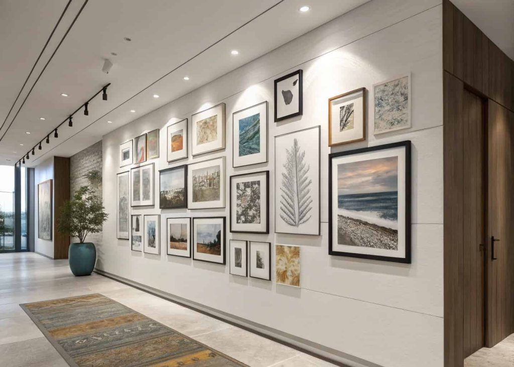 A modern wall with framed art pieces arranged in a stylish gallery layout