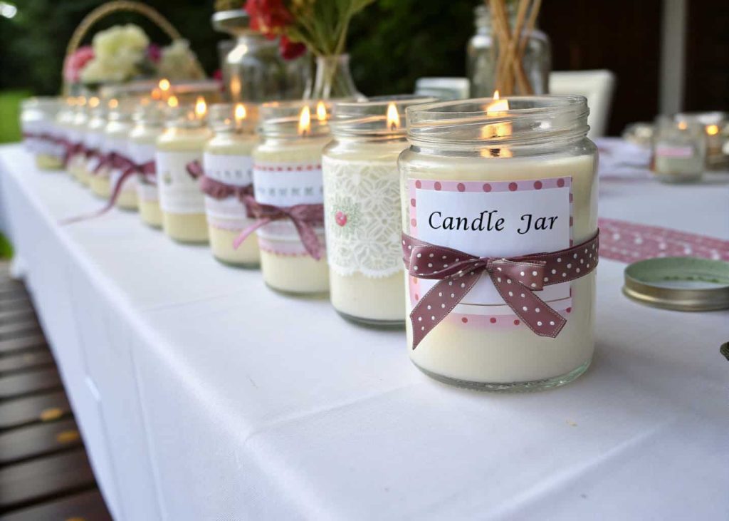 “Personalized candles in glass jars with name labels and ribbon, arranged as party favors.”