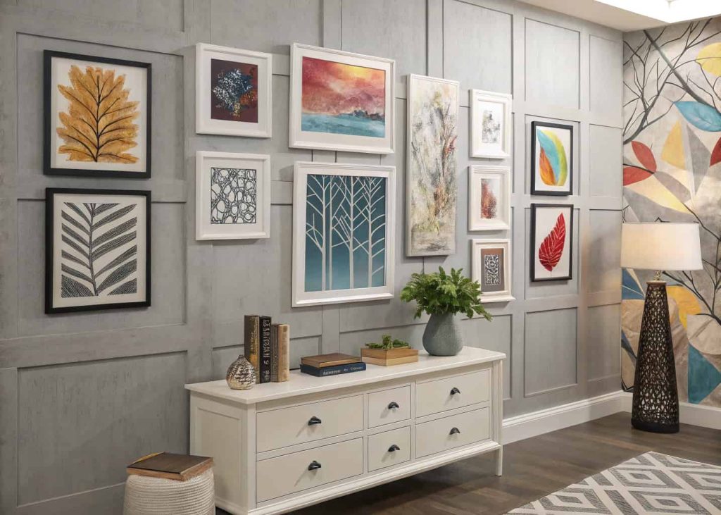 A stylish wall with frames and modern artwork.