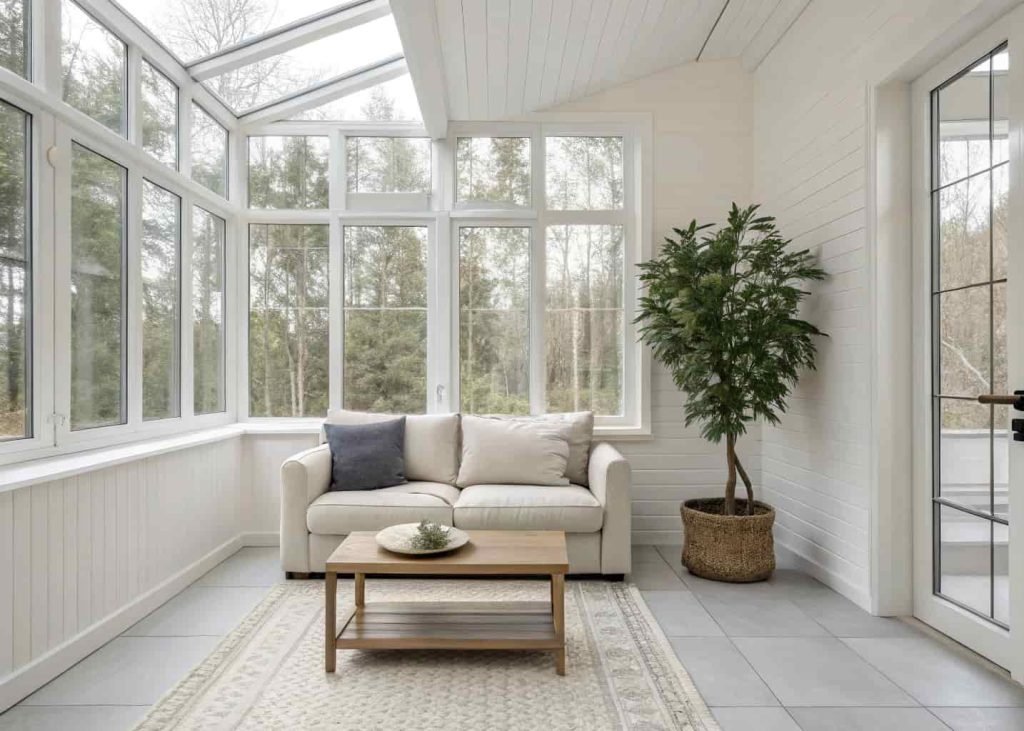 Minimalist sunroom with a small sofa, simple coffee table, neutral colors, large windows, and a single indoor plant.