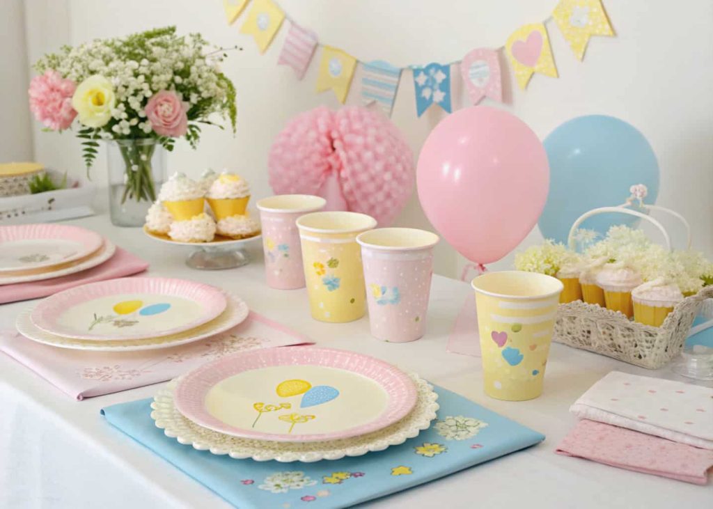 coordinated baby shower table setting with pastel plates, cups, and napkins