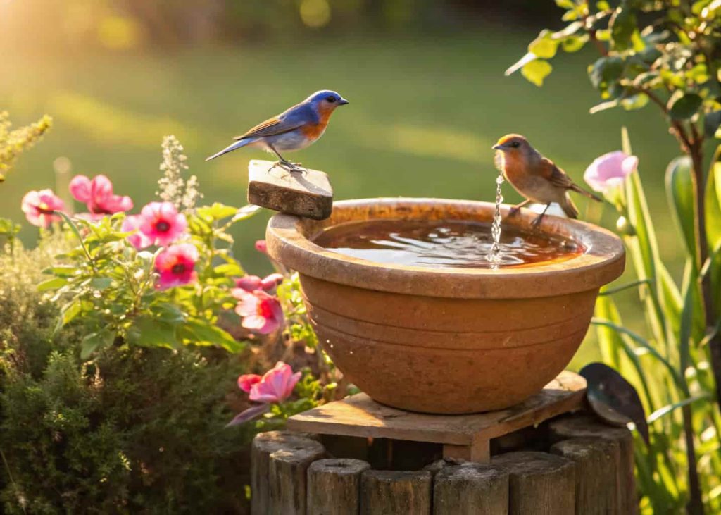 DIY clay pot bird bath in a sunny backyard with small colorful birds drinking water”