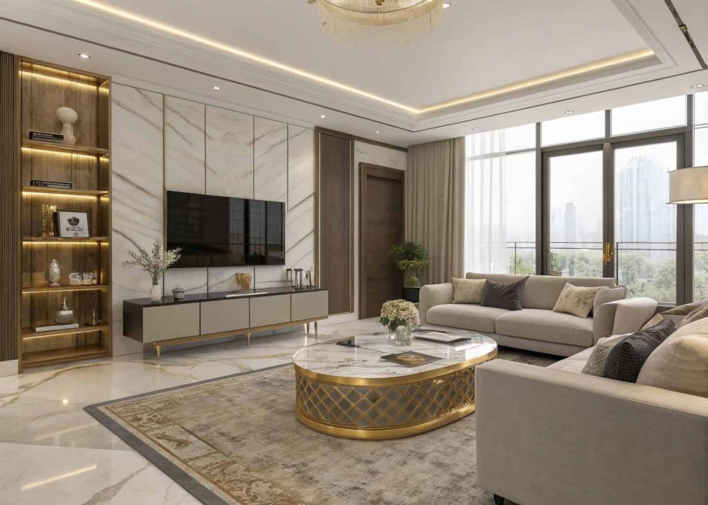 Contemporary living room featuring a gold-accented marble center table paired with plush sofas, balanced layout, high-end interior styling