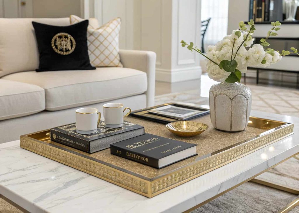Luxury coffee table styled with designer books and a gold tray, minimalist yet elegant decor arrangement, modern living room background