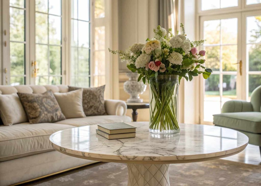 Marble center table decorated with fresh flowers in a glass vase, airy luxury living room, natural light streaming through windows