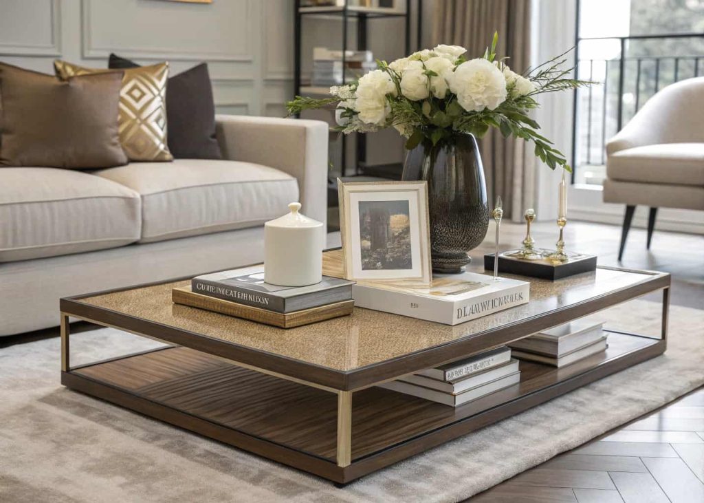Designer-styled coffee table arrangement featuring three decor elements, balanced composition, modern luxury living room aesthetic