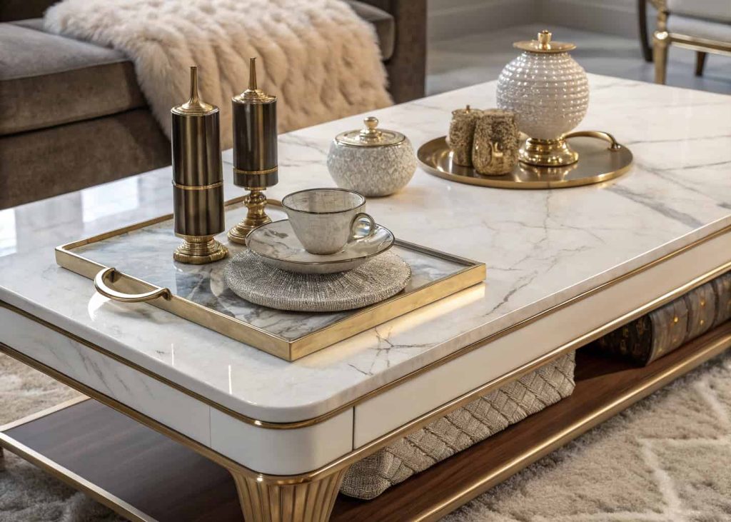 Close-up of luxury center table styling with mixed textures including marble, metal accents, ceramic decor, and soft textiles
