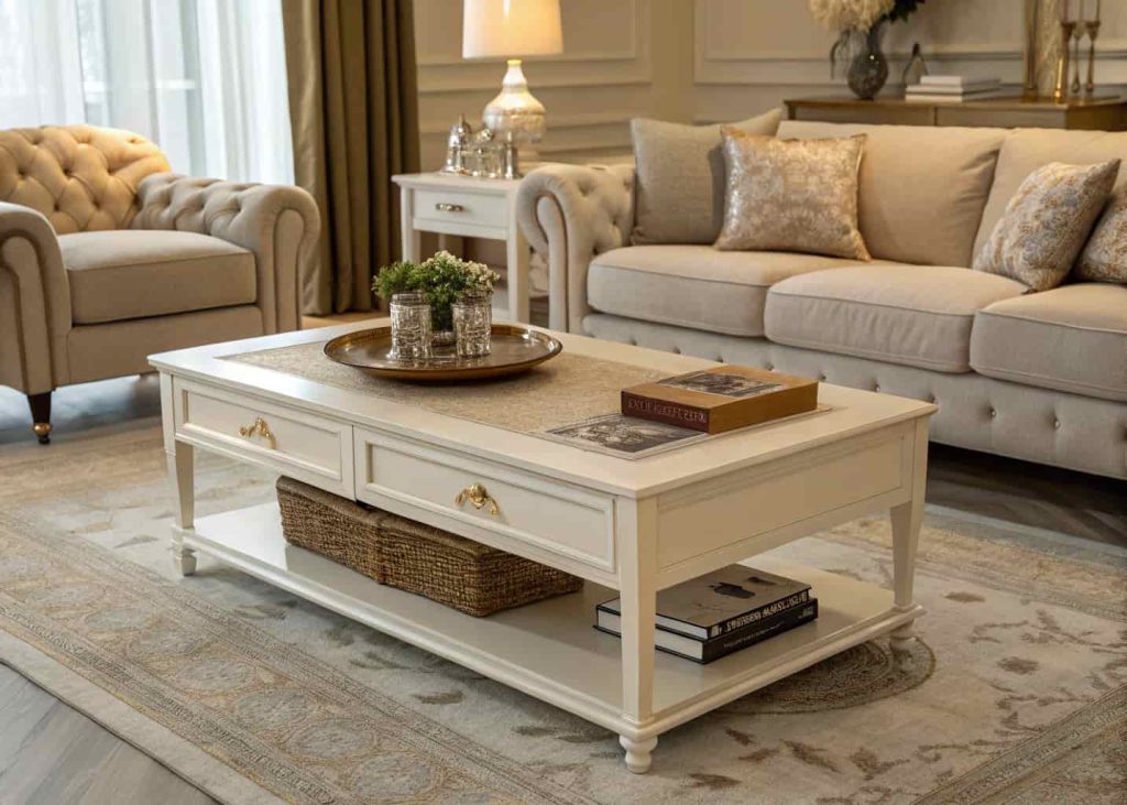 Elegant yet functional coffee table setup with minimal decor and open space, cozy luxury living room environment